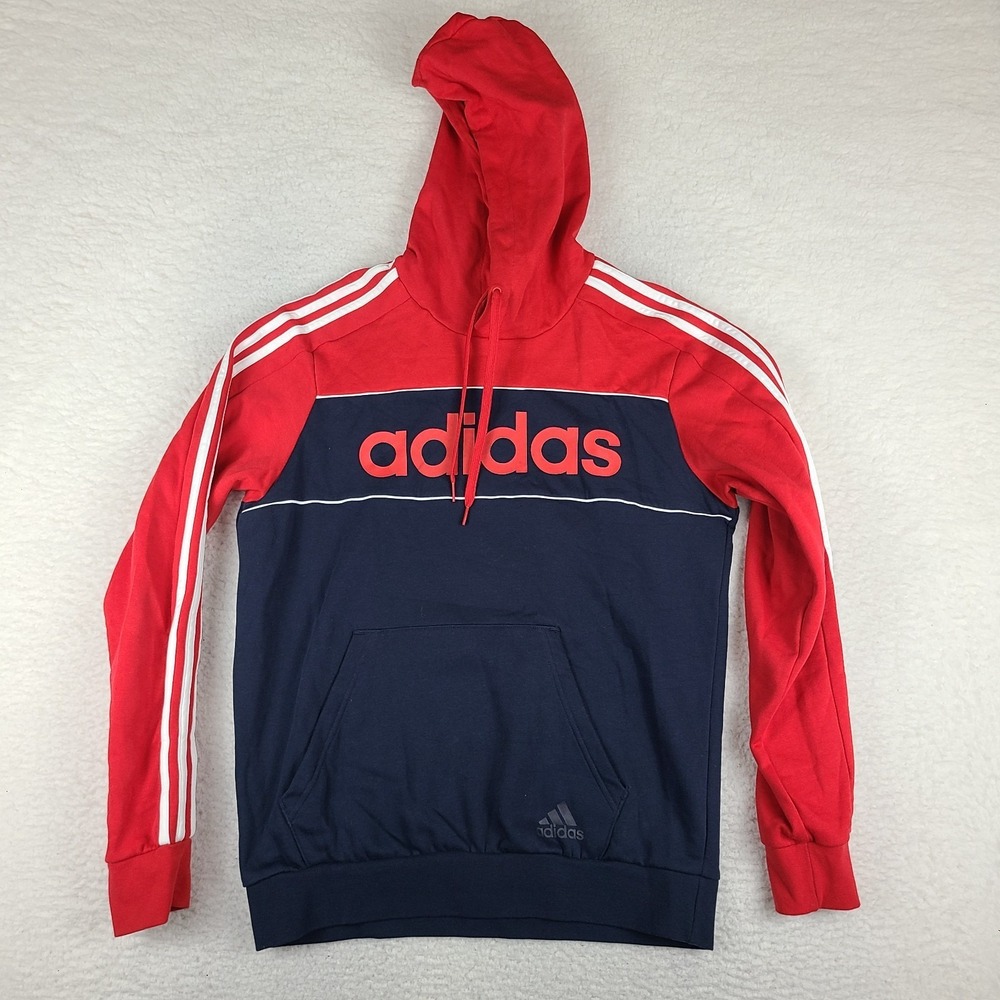 Adidas Hoodie Mens Medium Navy Red Spell Out Center Cotton Blend Activewear